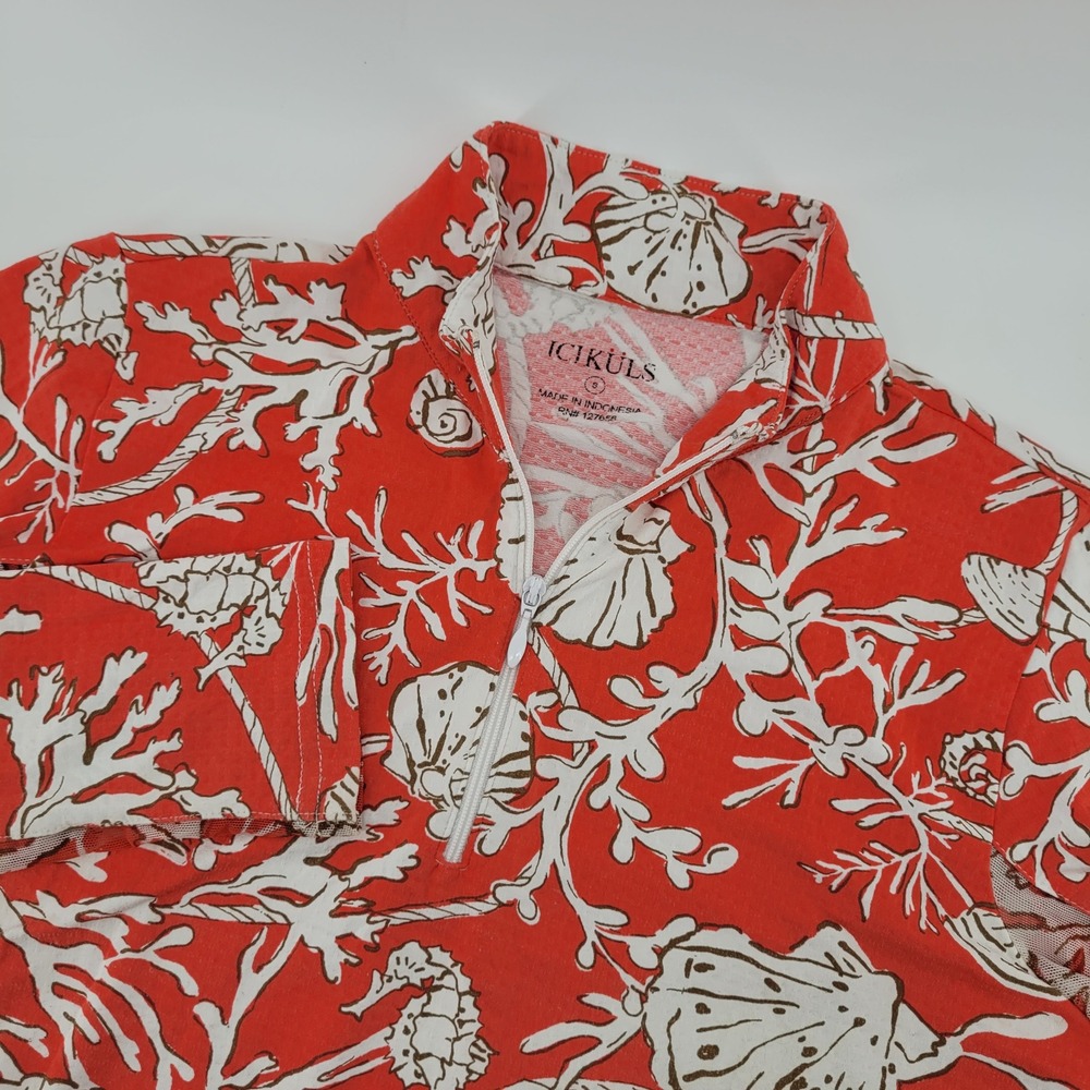ICIKULS Womens SMALL Quarter Zip Long Sleeve Coral Seashell Coral Reef Print Top